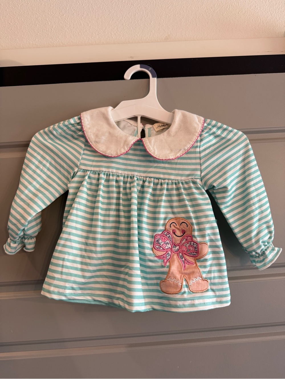 Striped Teal & White Baby Top and bloomers with Gingerbread Applique